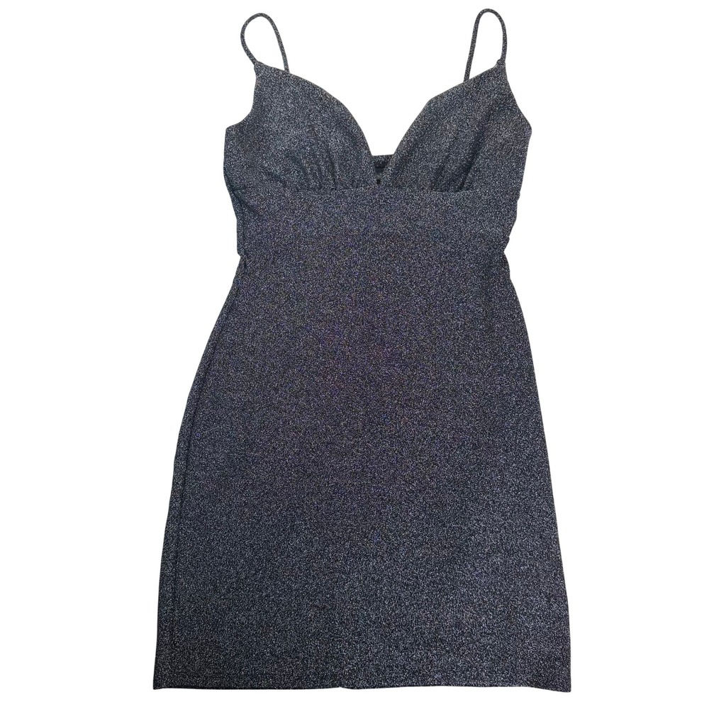 Windsor Silver Glitter S Mini Dress V-Neck Spaghetti Strap Trap Disco NWT